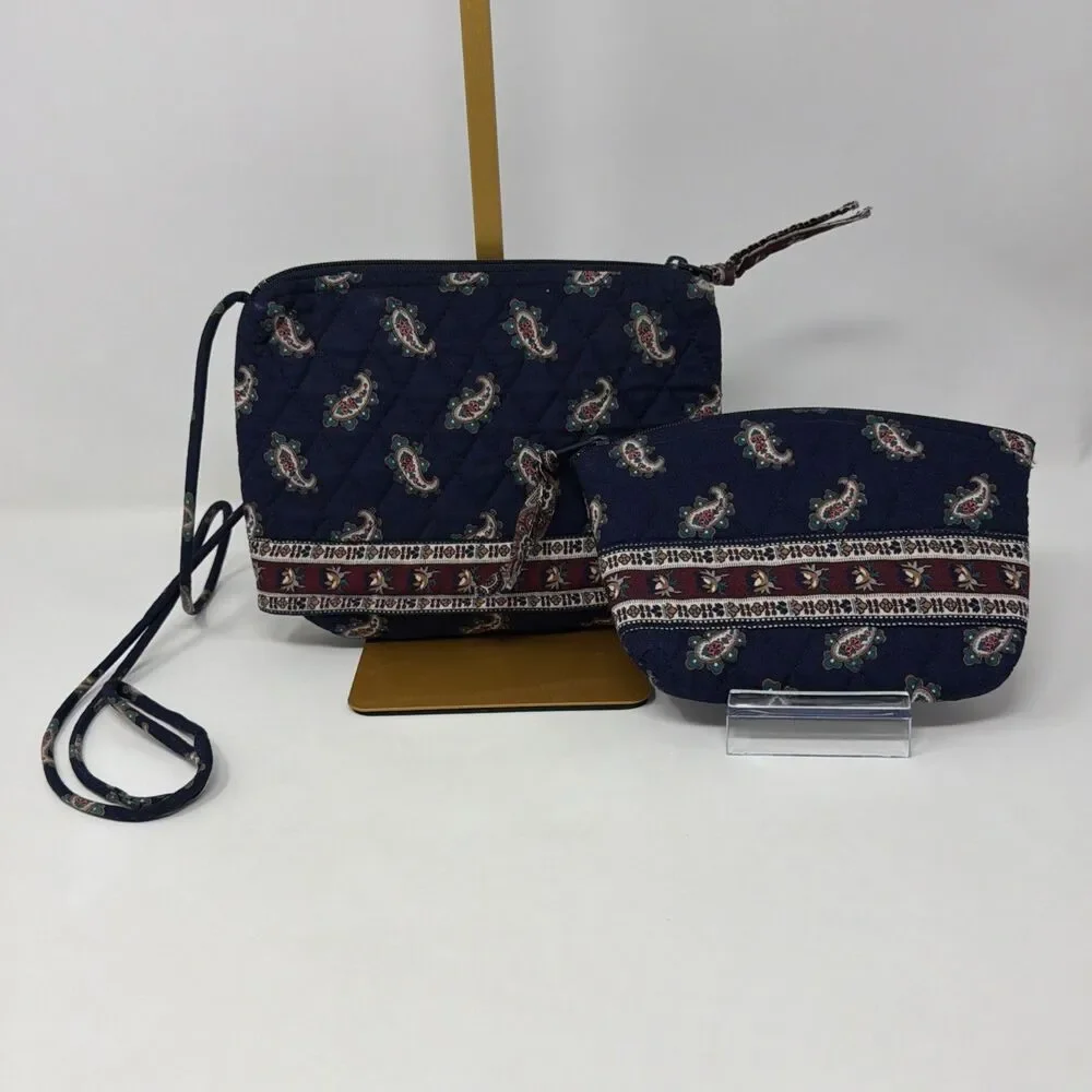 Vera Bradley Vintage Navy Paisley Quilted Crossbody & Pouch Lot Made In USA